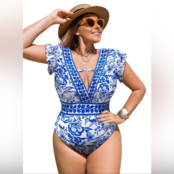 Other - NWOT Women’s Blue and White Deep V-Neck Floral Monokini Size 0X